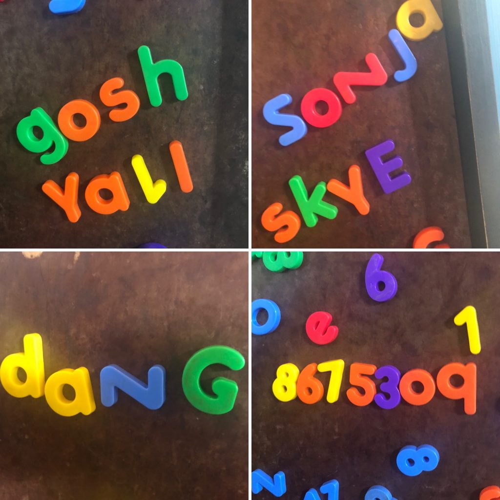 Magnet letters that spell:
"gosh yall"
"sonja skye"
"dang"
"8675309"